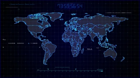 4K Sci-Fi HUD  blue glow stroke map.HUD World map animation Stock Footage 65777487