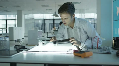 4K Scientific research engineers working in lab building electronics &amp; robotics. Stock Footage 66365765
