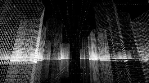 4k seamless loop Big Data Digital City,Flying Through the binary code urban. Stock Footage 117950022