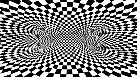 4k Seamless loop. Chess illusion geometric kaleidoscope. Wormhole room. Black Stock Footage 142767978