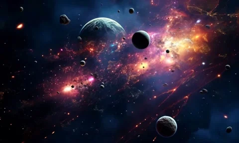 4k Seamless Loop Space Nebula with Planets and Asteroids Stock Footage 304460324