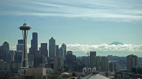 4K Seattle Cityscape &amp; Mount Rainier, Time Lapse Stock Footage 10803192