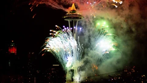 4K: Seattle Space Needle Fireworks Grand Finale Stock Footage 72754007