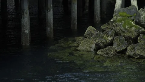 4K Seattle Washington green rocks in water near docks during day Stock Footage 73476505