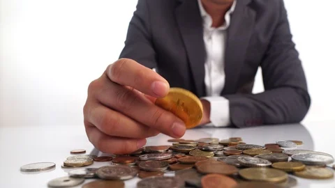 4k Selective focus at bitcoin in young business man Stock Footage 88195340