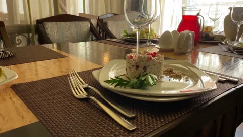 4k served restaurant table. Laying table Stock Footage 154901050
