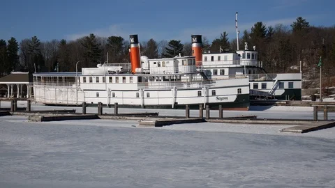 4k ship on a forzen lake at a dock in ontario canada Stock Footage 105553063
