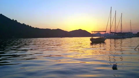 4K Ship in Luka Harbor during Sunset on Sipan Island Croatia Stock Footage 68179836