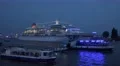 4k Ship parade with cruise ship Europa blue illuminated Hamburg harbour 4k or 4k+ Resolution