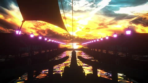 4K Ship Sailing Through A Trippy Harbour Sunset View Trippy Psychedelic 3D Stock Footage 157009731