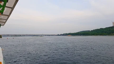 4K, the ship sails on the wide river Dnieper near the Kiev-Pechersk Lavra Before Stock Footage 112651719