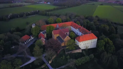 4k shooting from the air at sunset, Cappenberg Castle in the west German Stock Footage 150594316