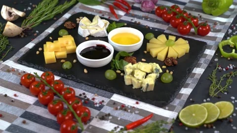 4K. Shooting delicious different types of cheese on a black stone background. 스톡 동영상 134739838