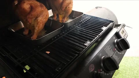 4k shot of giant grilled machine and chicken Video stock 206029324