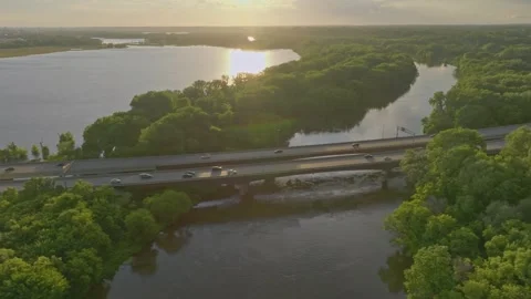 4K Side Scrolling Aerial View Of 169 Bridge Over Minnesota River Savage MN Stock Footage 278380821