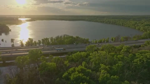 4K Side Scrolling Drone Shot Of 169 Bridge Overlooking Fisher Lake Savage MN Stock Footage 278381036