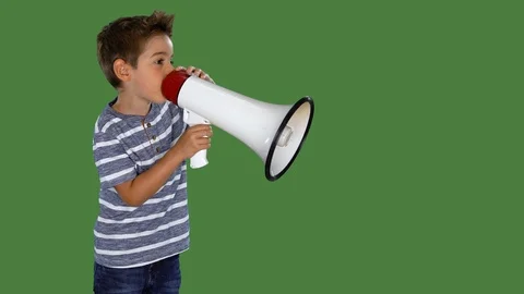 4K side view little boy with megaphone on green screen Stock Footage 117292491