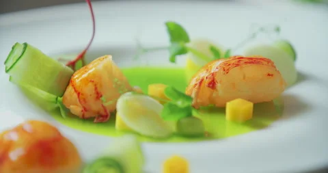 4K Side View Modern Lobster Dish with cucumber sauce Video stock 132970404
