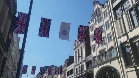 4K Sights Walking through London, UK flag, Coronation, King Charles Stock Footage 239065205