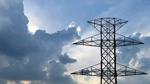 4K silhouette electric post on time lapse cloudy blue sky with sunshine Video stock 88115790