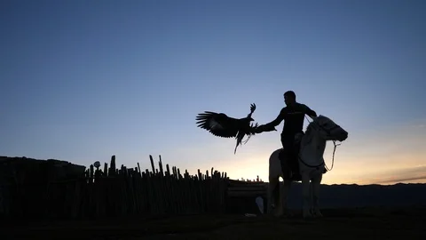 4K, Silhouette of a Mongolian eagle hunte Stock Footage 99363101