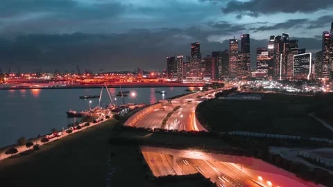4K Singapore MCE Highway Night Hyper Lapse toward CBD City Skyline Видео 155750426