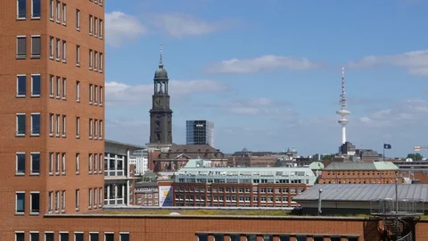 4K Skyline Hamburg Michel Cathedral and TV Tower Germany Europe Stock Footage