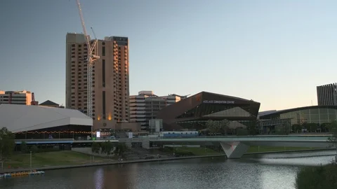 4k Slow motion Adelaide Convention Centre and Casino next to River Torrens Stock Footage 102819200