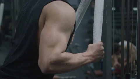 4K Slow Motion Athlete Working Out Triceps in Old School Gym. Stock Footage 185159686
