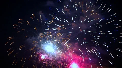 4K Slow Motion Beautiful Fireworks Display Celebration, Bright Purple and Pink Stock Footage 78622149