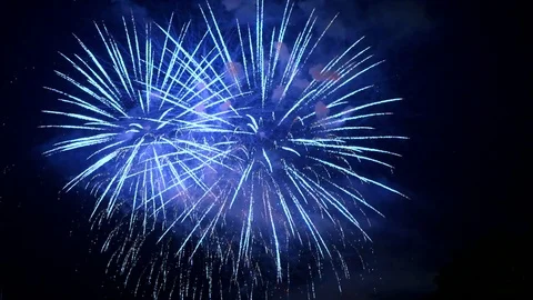 4K Slow Motion Bright Blue Fireworks, Sky Light Celebration Explosions Stock Footage 78924597