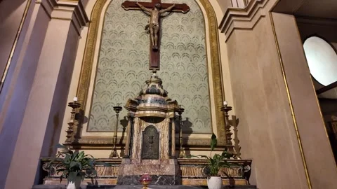 4K Slow Motion Detail Of Ancient Painted Wooden Cross Rome Basilica Stock Footage 331538598
