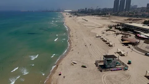 4K Slow Motion Drone Flight North Along Ashdod Coastline, Israel, Reverse Stock Footage 337211841