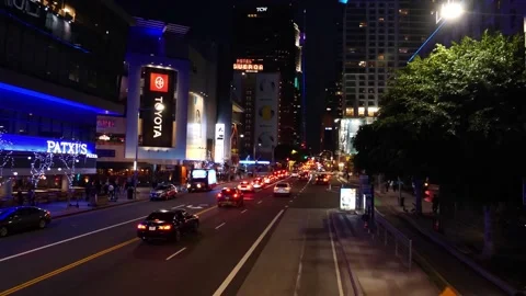4k slow motion drone shot. downtown Los Angeles at night. LA offices, shops. 4k Stock Footage 131493595