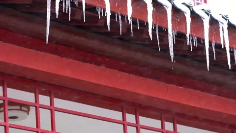 4K Slow Motion of Ice Columns and Snowflakes on Red Building Video stock 338003102
