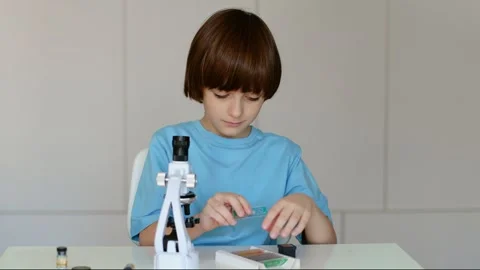 4K slow motion of a little boy preparing glass slides for a microscope indoor Stock Footage 345525012