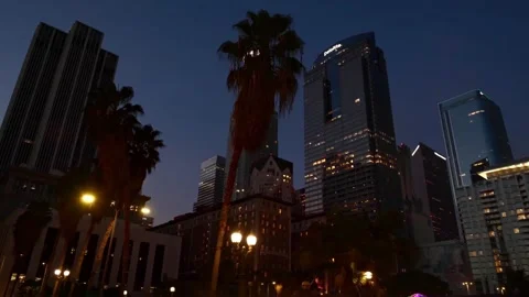 4k slow motion low angle aerial drone shot. Cityscape downtown Los Angeles night Stock Footage 131491905