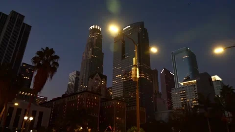 4k slow motion low angle aerial drone shot. Cityscape downtown Los Angeles night Stock Footage