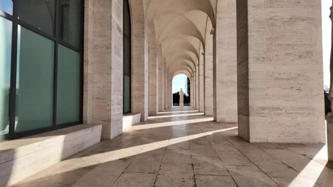 4K Slow Motion Perspective Of Arched Colonnade Square Colosseum Rome 스톡 동영상 332873386