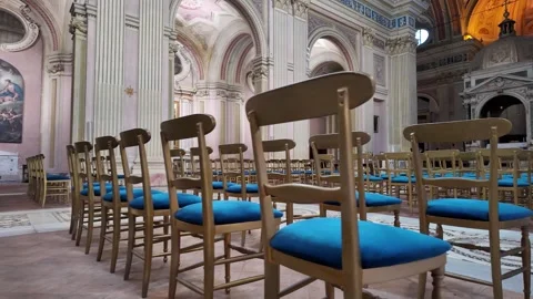 4K Slow Motion Perspective Of Empty Church Pews Symmetry Video stock 331541364