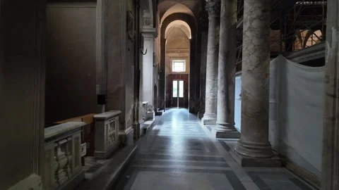 4K Slow Motion Perspective Of Long Italian Stone Hallway Video stock 333917943