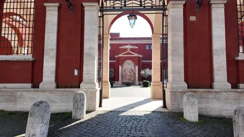 4K Slow Motion Perspective Of Modern Red Church Interior Rome Vídeos de archivo 332274854
