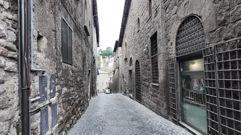 4K Slow Motion Perspective Of San Pellegrino Medieval Streets Viterbo Stock Footage 332871487