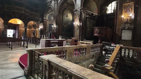 4K Slow Motion Perspective Of Symmetrical Church Nave And High Altar Shrine Stock-Footage 333263487