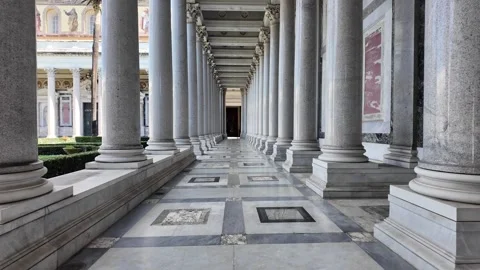 4K Slow Motion Perspective View Of Colonnade Rome Saint Paul Basilica Stock-Footage 331538663
