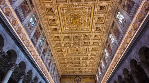 4K Slow Motion Perspective View Of Golden Papal Ceiling Rome Vídeos de archivo 331538897