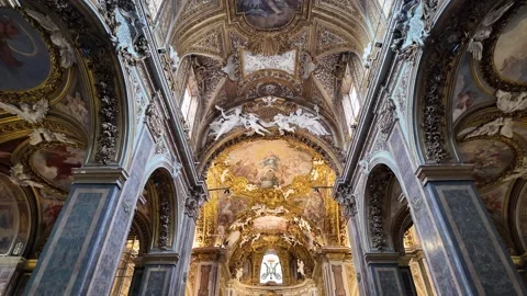 4K Slow Motion Perspective View Of Gilded Interior Santa Maria Dell Orto Rome Video stock 331539388