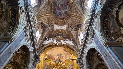 4K Slow Motion Perspective View Of Ornate Gilded Ceiling Rome Video stock 331539426