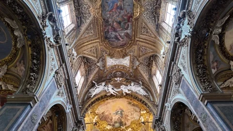 4K Slow Motion Perspective View Of Ornate Gilded Church Ceiling Rome Stock-Footage 331539450