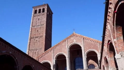 4K Slow Motion Perspective View Of Ancient Sant Ambrogio Milan Stock-Footage 332121917